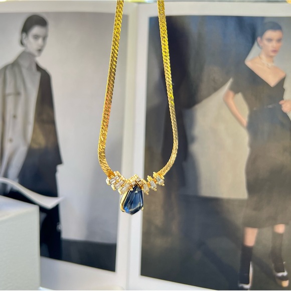 DIOR Water Drop Necklace Gold Plated Christian Dior Jewelry Emerald Cut - Picture 4 of 13